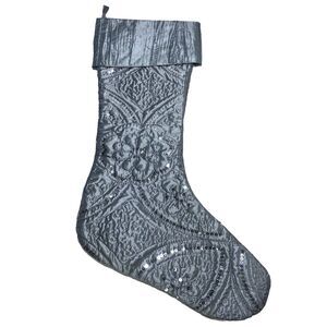 Domain Christmas Stocking Silver Gray Sequin Shimmer Floral Swirls Crinkle Cuff